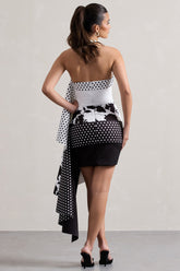 Multi Print Bandeau Mini Dress With Ruffled Side Drape